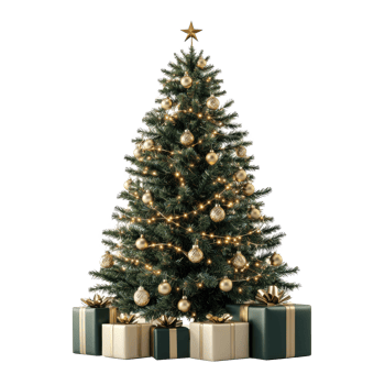 Green Christmas tree with gold decoration and presents shining light front view isolate on transparent background png