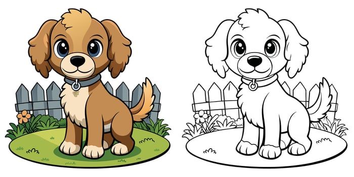 Kawaii Puppy Coloring Pages For Kids Printable. Baby Dog In Garden Cartoon Outline . Animal Cartoon Illustration vector