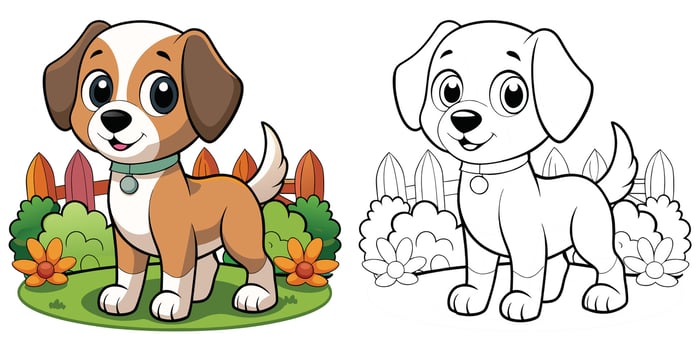Cute Little Dog Coloring Page For Kids Printable. Puppy In Garden Cartoon Outline . Animal Cartoon Illustration vector