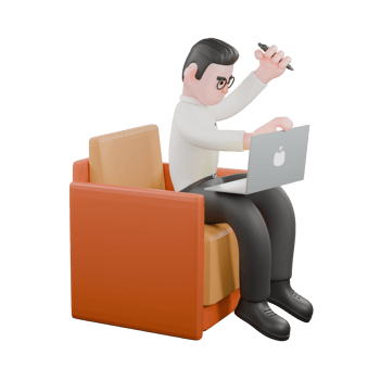 Creative 3D Model. A male producer sits on a sofa holding a pen in his left hand, and holding a laptop in his right hand, as if thinking. Director Model png