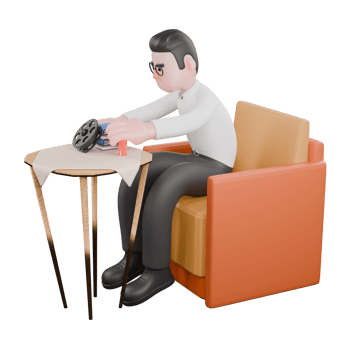 Animated 3D Cartoon. A male producer sits on a sofa, and both hands are on the table while arranging a rolling camera, books and drinks. Professional Illustration png