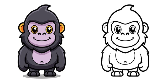 Cute Gorilla Cartoon Outline Coloring Page For Kids vector