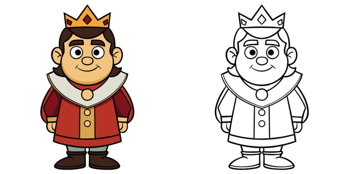 Cute Royal King With Crown Cartoon Outline Coloring Page For Kids vector