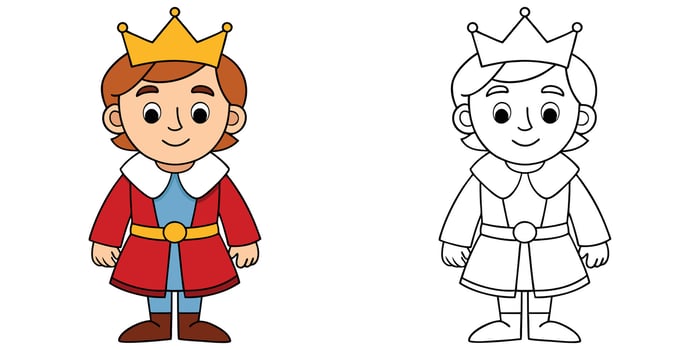 Cute Prince Wearing Crown Cartoon Outline Coloring Page For Kids vector