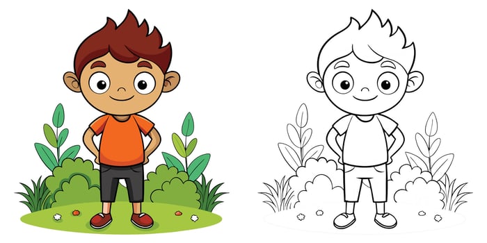 Happy Kid In Garden Cartoon Coloring Page For Kids vector