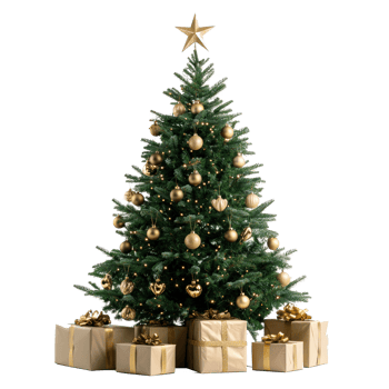 Christmas tree with gold ornament and artificial star hearts presents front view isolate on transparent background png
