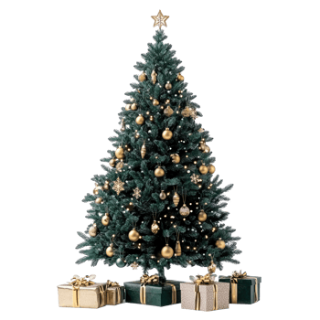 Green Christmas tree with gold decoration and presents shining light front view isolate on transparent background png