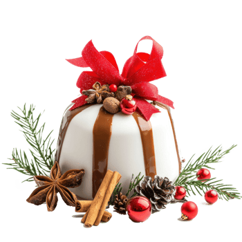 Christmas pudding with decorations items front view isolate on transparent background png