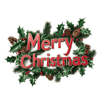 Merry Christmas Greeting 3D text decorate with mistletoe branches, pinecones, holly leaves, berries isolate on transparent background png