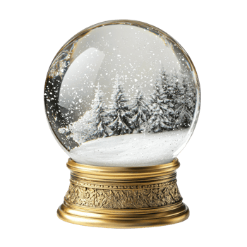 Empty snowglobe with gold base and inside with snow falling front view isolate on transparent background png