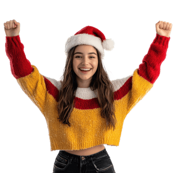 Happy young woman celebrate Christmas front view isolate on transparent background png