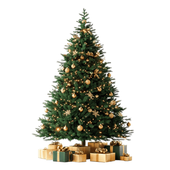Green Christmas tree with gold decoration and presents shining light front view isolate on transparent background png
