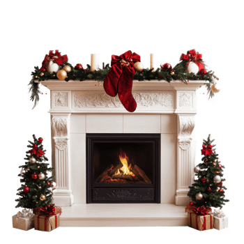 Beautiful Fireplace with Christmas decorations isolate on transparent background png