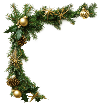 Christmas corner with green fir and gold bell and other ornaments isolate on transparent background png