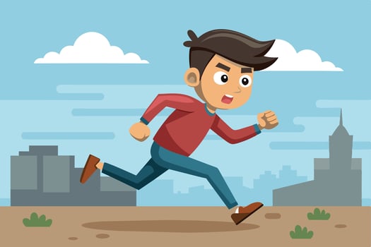 A young boy runs energetically through an urban landscape on a sunny day, showcasing his enthusiasm and fitness in a lively outdoor setting vector
