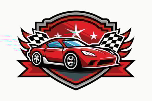 Stylized red race car with checkered flags and stars on a dynamic badge design suitable for racing events or car-themed branding vector
