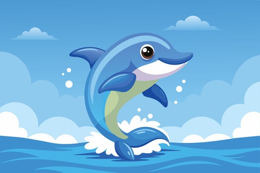 A cheerful blue dolphin leaping playfully from turquoise waves under a bright sky filled with fluffy clouds vector
