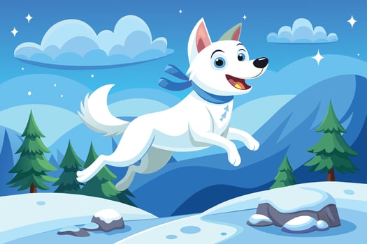 A playful white dog leaps joyfully through a snowy landscape with mountains and pine trees under a bright blue sky vector