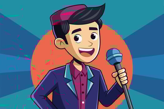 A cheerful young man in a stylish outfit holding a microphone, performing on stage against an eye-catching colorful backdrop vector