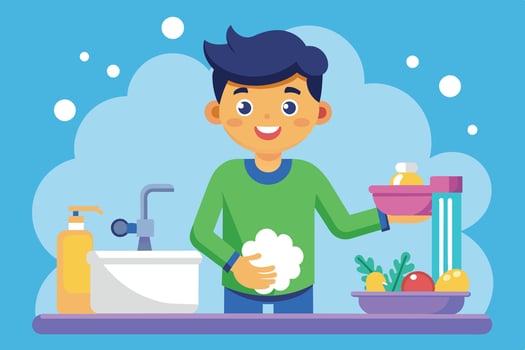 A young boy happily washing dishes with soap and colorful vegetables in a clean kitchen during the daytime vector