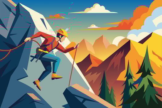 A climber ascends a rocky mountain with vibrant peaks under a sunset sky, showcasing outdoor adventure and breathtaking landscapes in the foreground vector