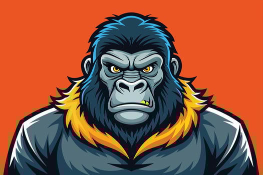 A fierce gorilla with striking blue accents and a vibrant orange background, showcasing its powerful presence and captivating expression vector