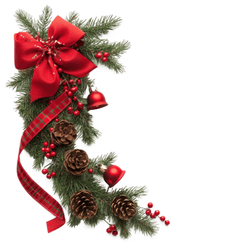 Christmas corner red bow, bell and pine cones with swirled ribbon and pine branches isolate on transparent background png