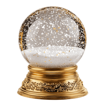 Empty snowglobe with gold base and inside with snow falling front view isolate on transparent background png
