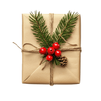 Homemade Christmas gift box wrap top view isolate on transparent background png
