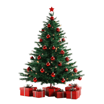 Green Christmas tree with red decoration and presents isolate on transparent background png
