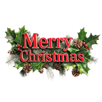 Merry Christmas Greeting 3D text decorate with mistletoe branches, pinecones, holly leaves, berries isolate on transparent background png