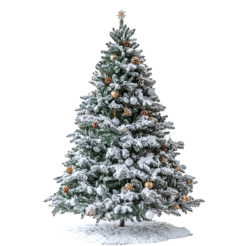Snow Christmas tree with decoration front view isolate on transparent background png