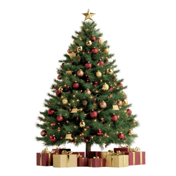 Christmas tree with beautiful decorations and gifts front view isolate on transparent background png