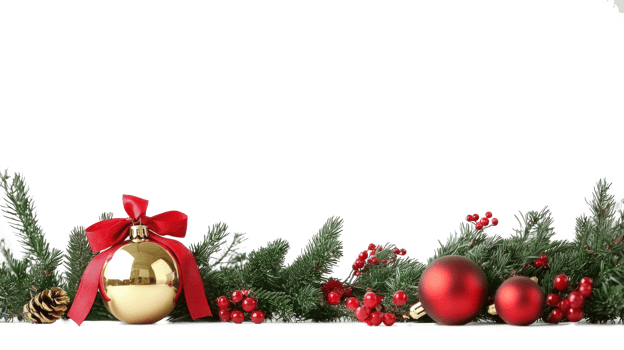 Christmas border with big gold bell and red ribbon bow with Holly Berry Mistletoe Ivy Fir and red Bauble isolate on transparent background png
