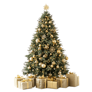 Green Christmas tree with gold decoration and presents shining light front view isolate on transparent background png