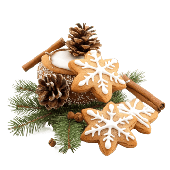 Christmas pine with frosted sugar cookies and cinnamon and fir branch front view isolate on transparent background png