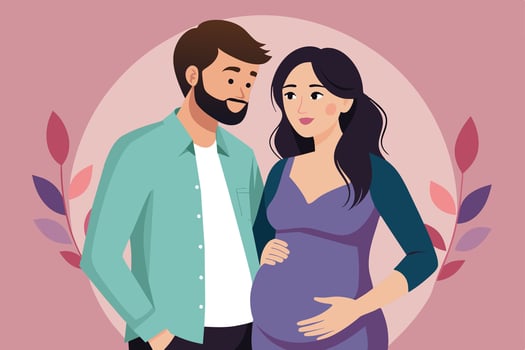 Expectant couple joyfully anticipating their baby in a modern illustration with soft colors and floral accents vector