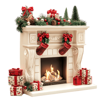 Christmas Fireplace with decorations isolate on transparent background png