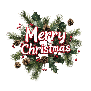 Merry Christmas Greeting 3D text decorate with mistletoe branches, pinecones, holly leaves, berries isolate on transparent background png