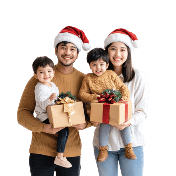 Happy family celebrate Christmas front view isolate on transparent background png