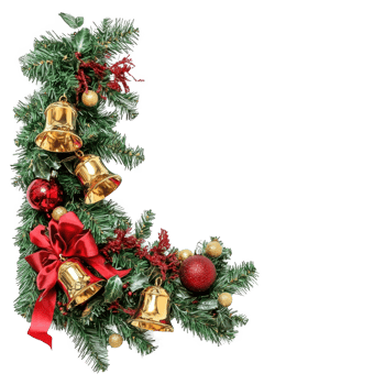Green Christmas garland corner with gold bells in the middle with red ribbon and bow and other decoration isolate on transparent background png