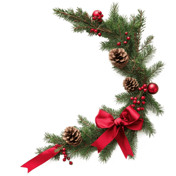 Christmas corner with pine twigs, cones, ball and red silk ribbon bow isolate on transparent background png