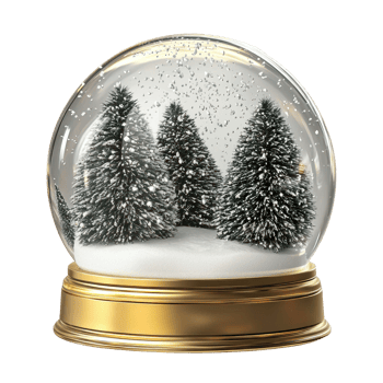 Empty snowglobe with gold base and inside with snow falling front view isolate on transparent background png