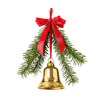 Gold Christmas bells with red ribbon and green fir hanging isolate on transparent background png