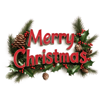 Merry Christmas Greeting 3D text decorate with mistletoe branches, pinecones, holly leaves, berries isolate on transparent background png