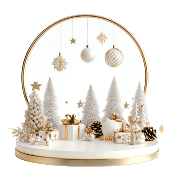 Empty Christmas white and gold podium with decoration items isolate on transparent background png