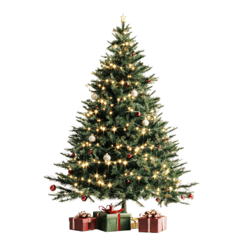 Christmas tree with lights and gifts front view isolate on transparent background png