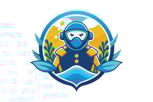 A colorful underwater explorer mascot design featuring a diver with plants and waves in a vibrant circular backdrop vector