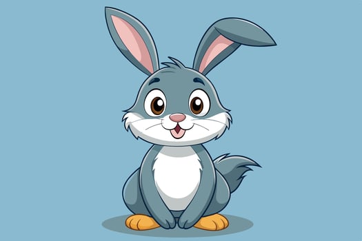 Cute gray cartoon bunny sitting happily against a light blue background, perfect for children's illustrations or educational materials vector