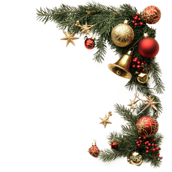 Christmas corner decoration with gold bell, balls, fir branches and Ornaments isolate on transparent background png